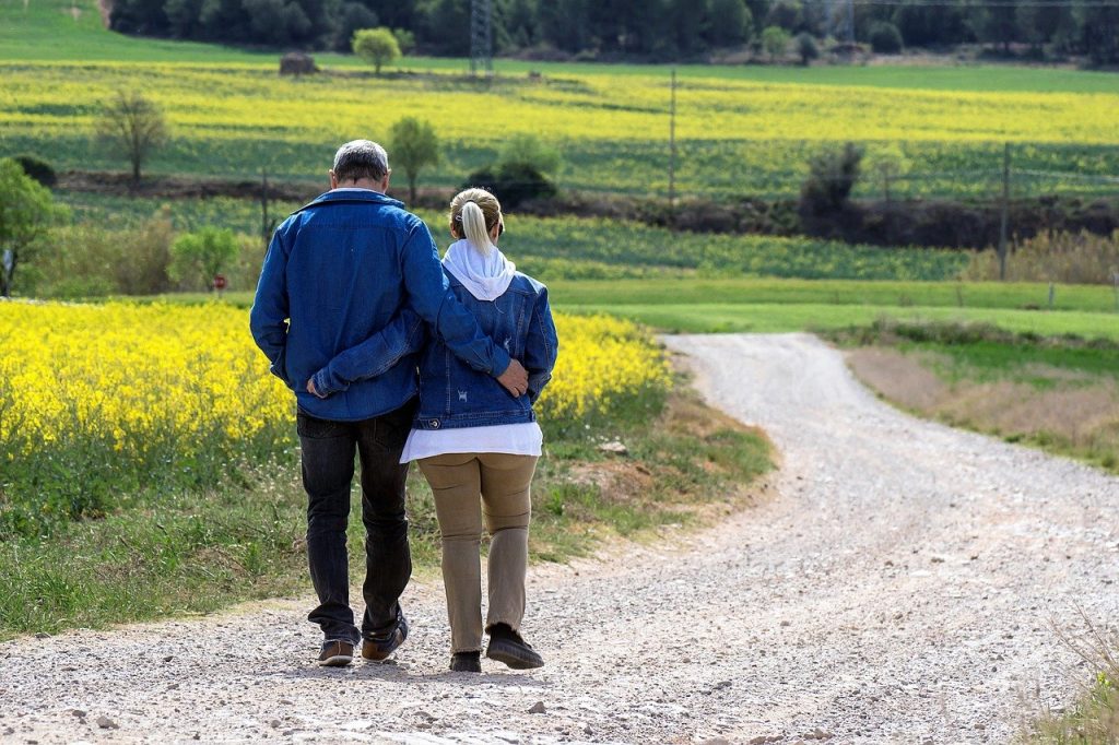 walk, couple, flower background, path, rural, man and woman, together, flower wallpaper, exercise, health, love, romance, romantic, relax, nature, landscape, meadows, field, beautiful flowers, spring, flowers, yellow flowers, health, health, health, health, health